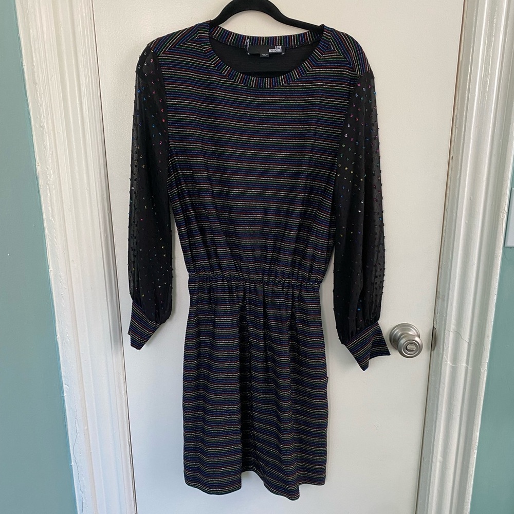 LOVE MOSCHINO METALLIC RAINBOW DRESS SHEER DOT SLEEVE SIZE 6 EUC
